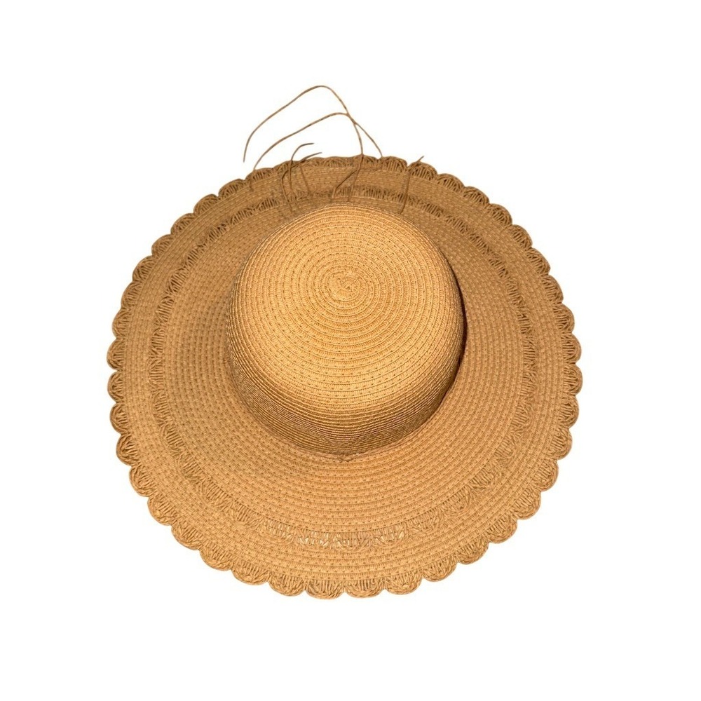 Shebobo Sun Hat Womens One Size Beige Wide Brim Scalloped Edge Beach Boho resort